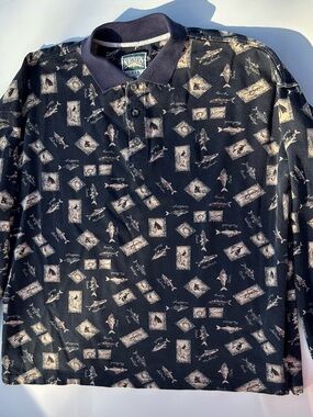 Men's Black Long-Sleeve Polo with Nautical Print